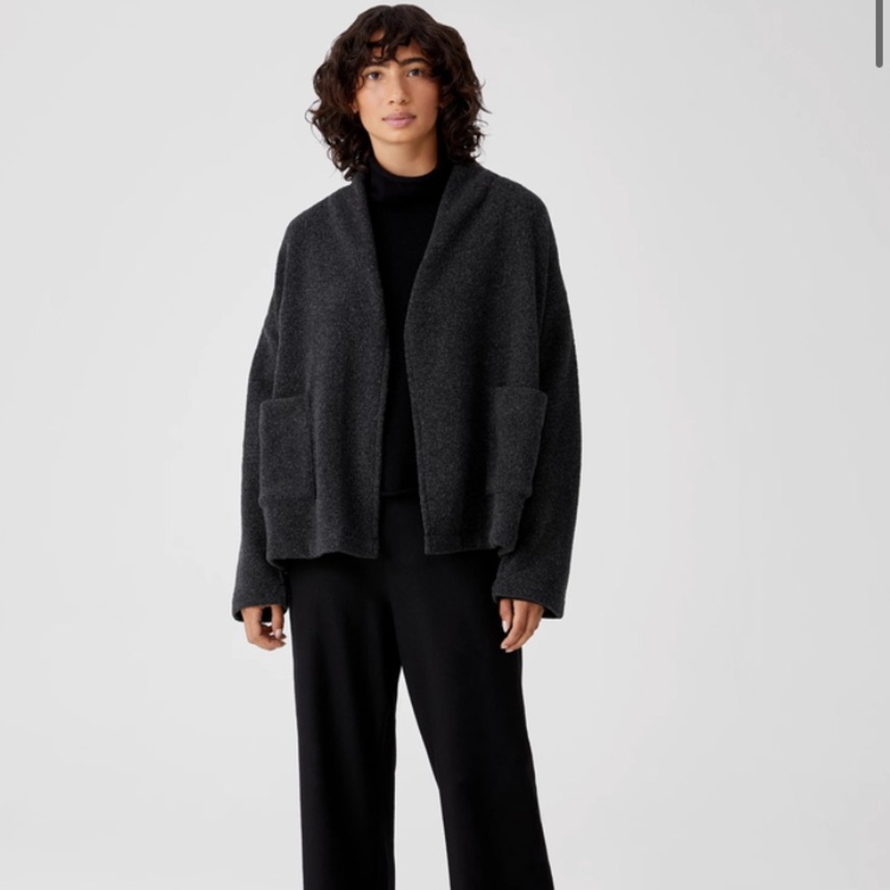 NWOT Charcoal Gray Eileen Fisher Boucle Wool Knit High Collar Jacket Coat